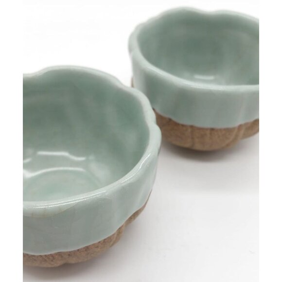 2 Small Celadon Flower Bloom Two-Tone Ceramic Bowls